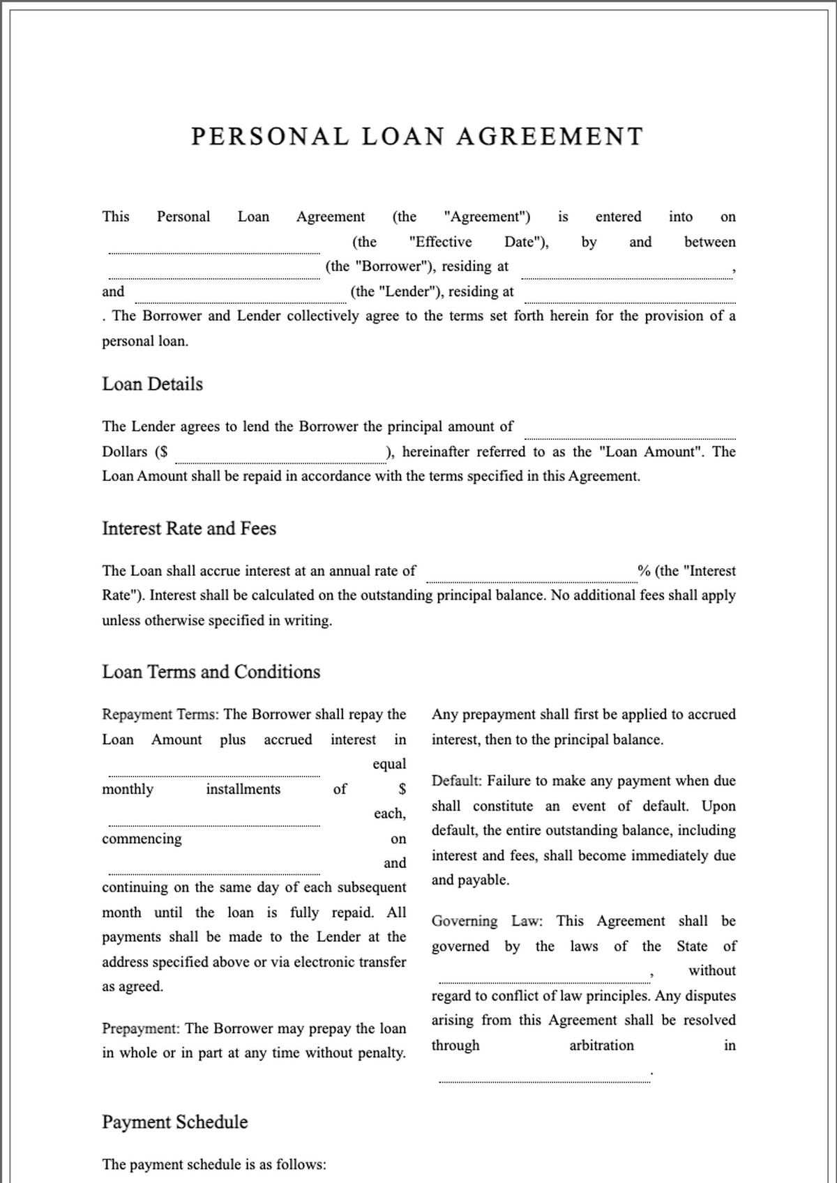 Personal loan agreement form with signature lines_variant_1
